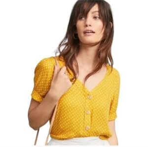 Anthropologie Maeve Hensley Top Blouse Mustard Yellow Polka Dot Button Up Sz 4